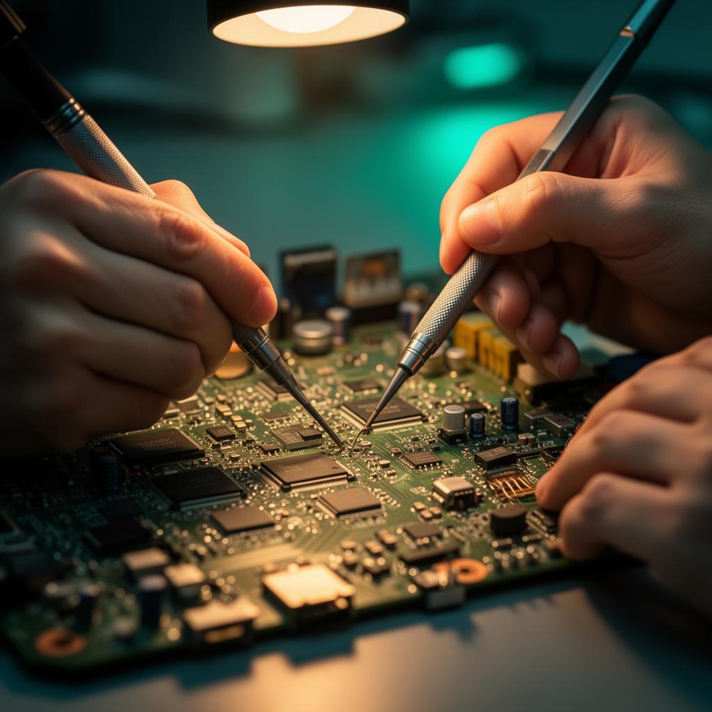Mãos de técnico do Grupo MR realizando reparo de placa eletrônica